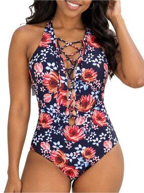 Cupshe Size Small Swimsuit One Piece Halter Floral Lace Up Beach Ready Fun